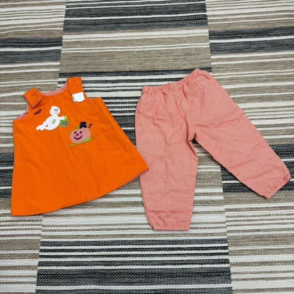 Mulberry St. Outfit Reversible Top Embroidered Gingham Halloween Orange Size 2